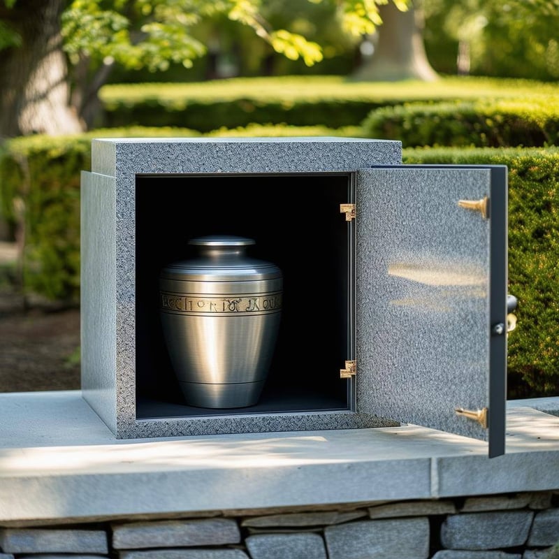 A cremation urn in a cremation columbarium outdoors with door open