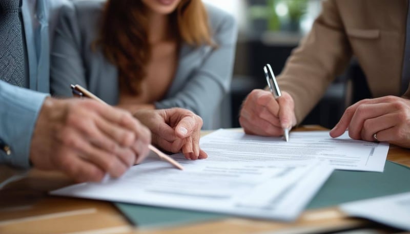 couple at a desk with one other person looking at paperwork for a funeral plan